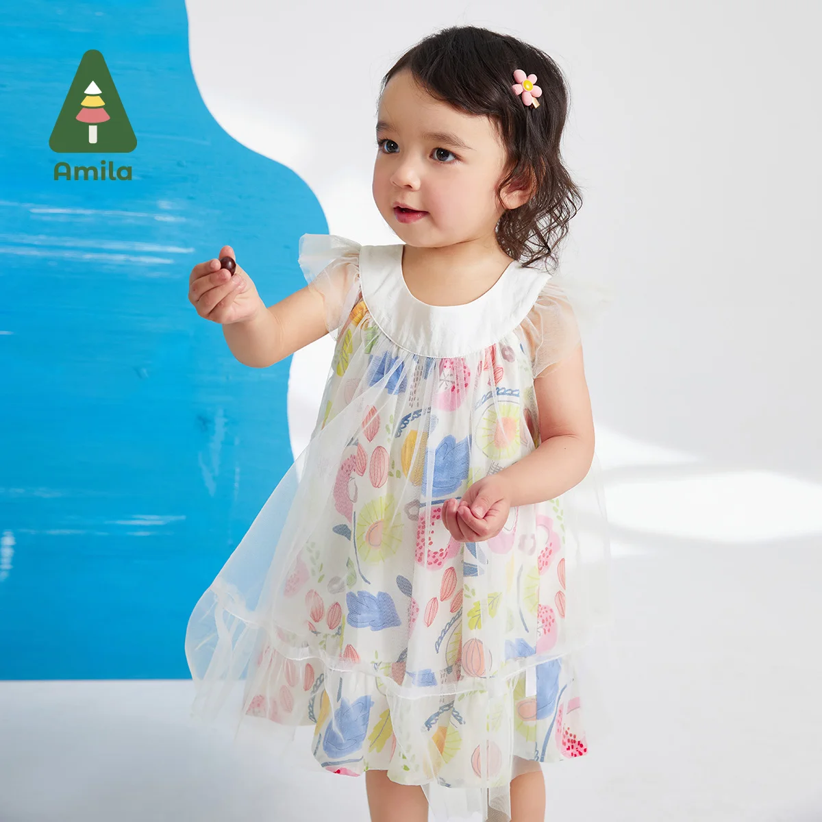 

Amila Baby Girl Dress 2023 Summer New Cute Flower Print Mesh Stitching Sweet Romantic Sleeveless Dresses Children's Clothes 0-6Y