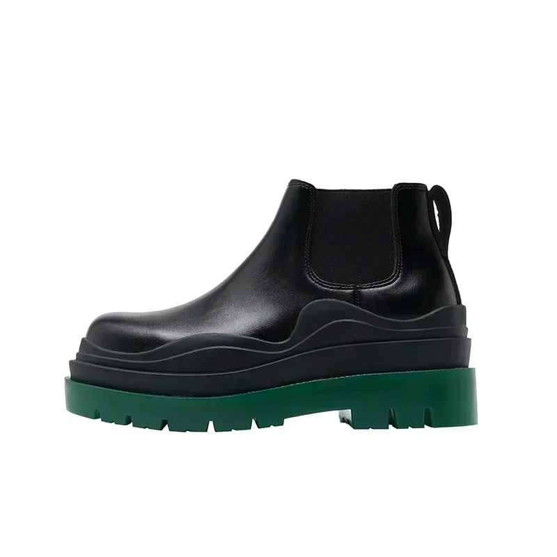 

Women Chelsea Genuine Leather Boots Platform Height Increasing Woman British Style Cow Leather Retro Mixed Colors Shoes