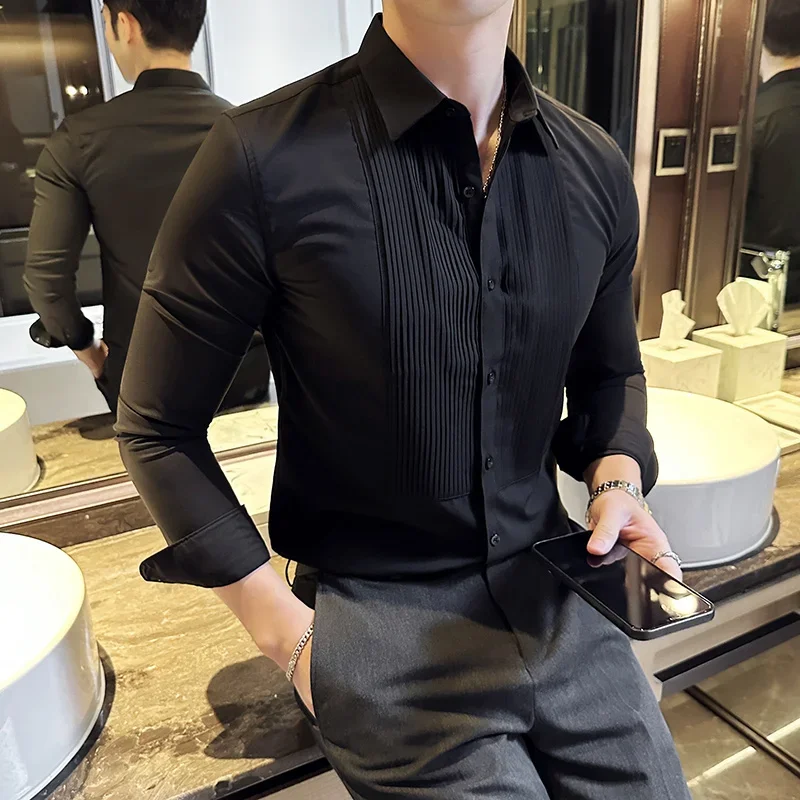 Wangyue Camicia Uomo Maniche Lunghe – Nero, Slim Fit, Con Tasche – Tessuto Antipiega – Taglie Regolari US (XX-Large)