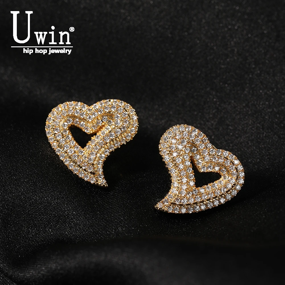 Uwin Heart Earrings Openwork Full Iced Out Minimalist Bolt Earrings Bling Micro Paved Cubic Zircon Fashion Jewelry Gift 14k gold color micro set zircon ocean heart pendant tourmaline heart pendant diy necklace pendant