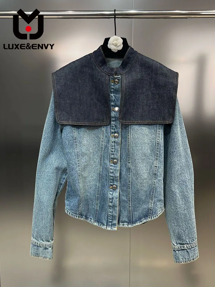 

LUXE&ENVY Pomelo Stand Neck Long Sleeve Contrast Panel Single Breasted Reduced Academy Denim Shirt Trend 2023 Autumn