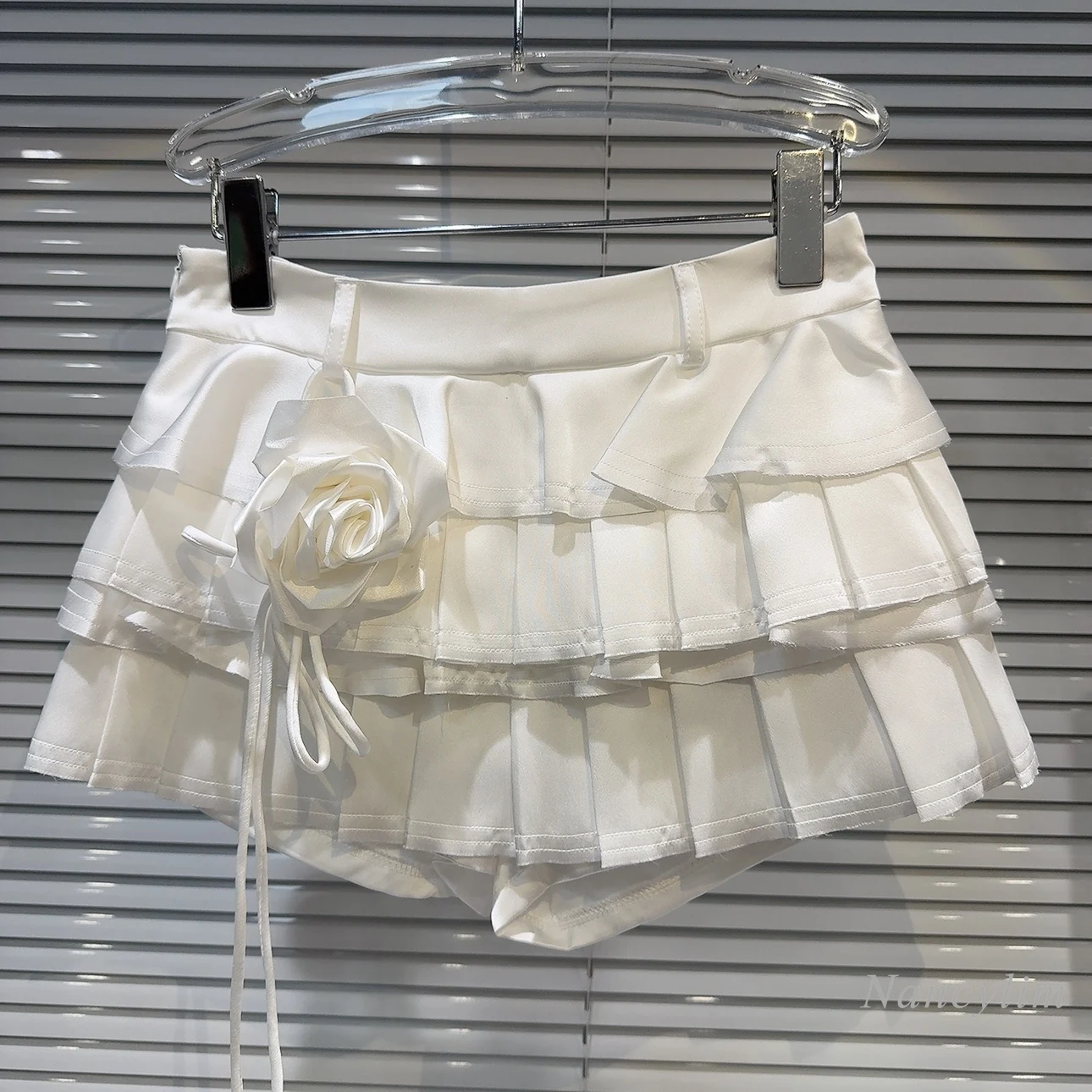 2024 Summer New Classic Style Handmade Flower Satin Sweet Pleated Skirt Cake Skirt for Women Mini Falda Sexy Mujer