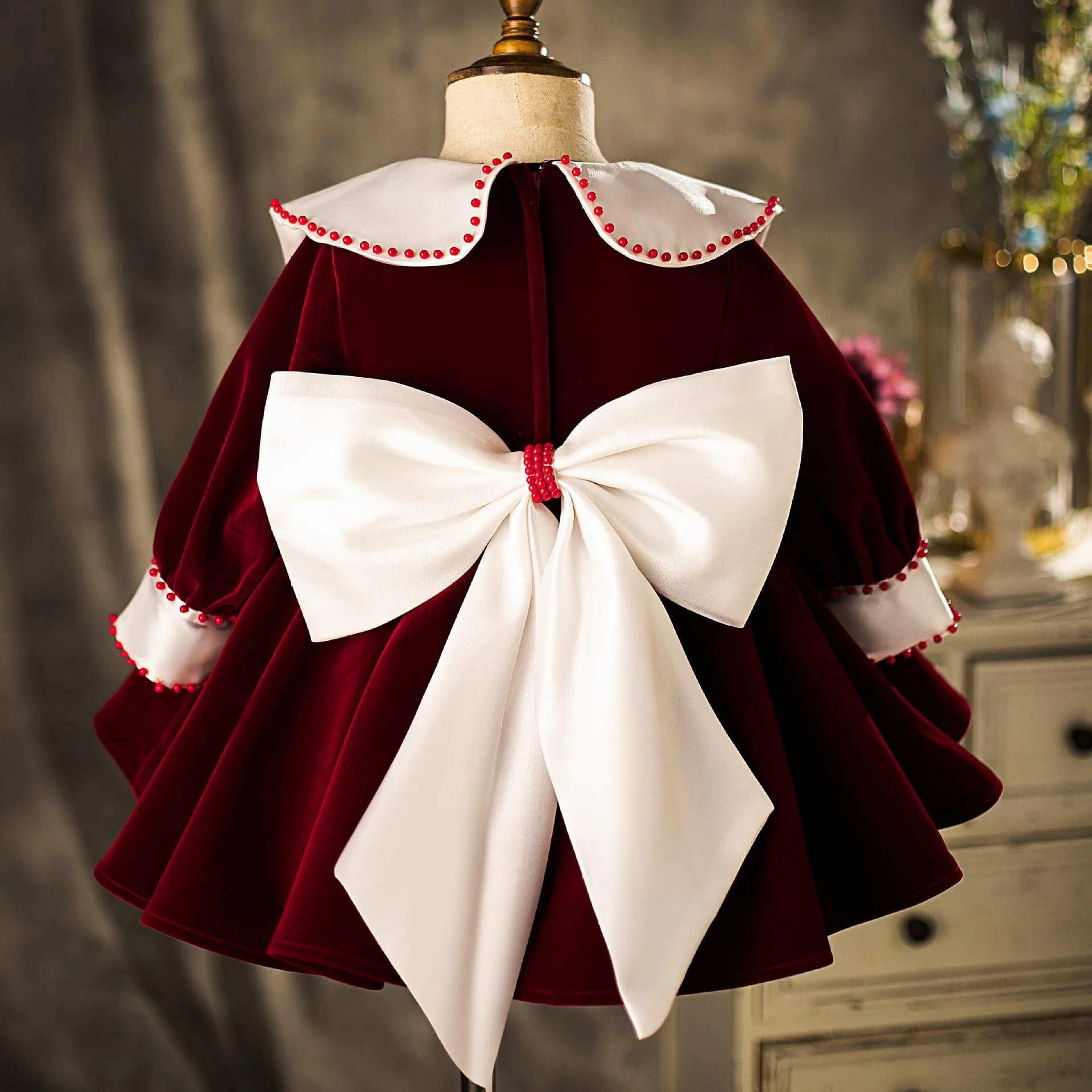 Spanish Baby Girls Wine Red Princess Ball Gown Children Bow
