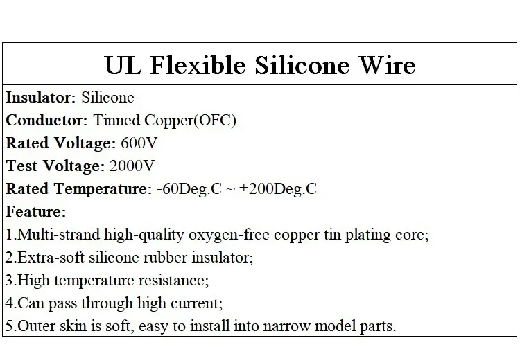 Description Picture 2 of item1M/5M Heat-resistant cable 30 28 26 24 22 20 18 16 15 14 13 12 10 AWG Ultra Soft Silicone Wire High Temperature Flexible Copper