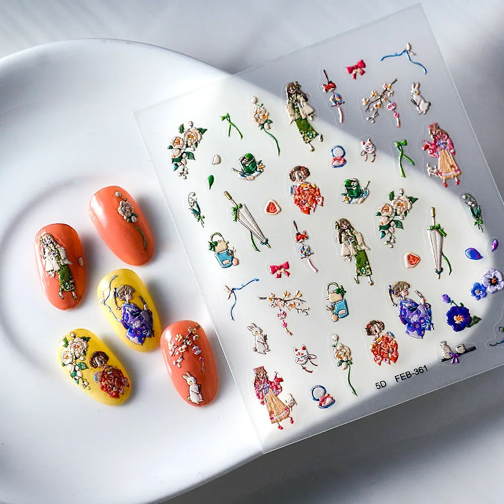 

Кимоно серия девушка 5D наклейка для ногтей s Наклейка Ongls дизайн ногтей тисненые наклейки