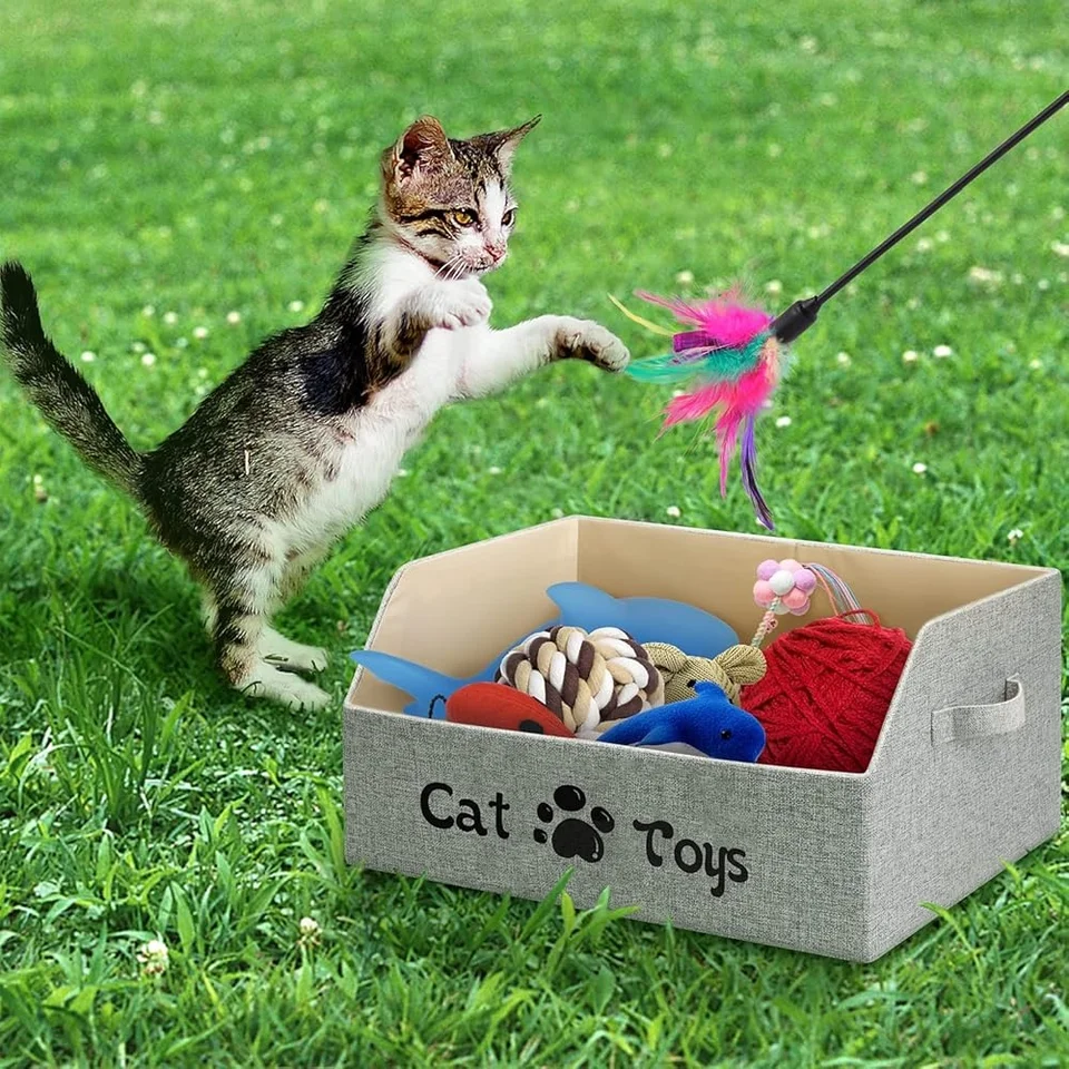 Durable Foldable Cat Toy Storage Basket Grey
