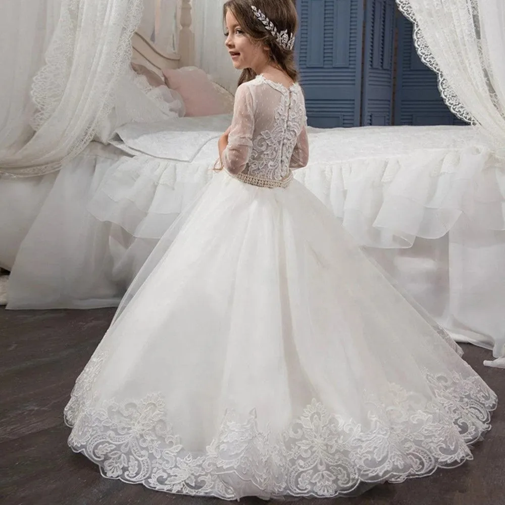 

Lace Flower Girl Dresses for Wedding Pearls Wasit Jewel Neck Infant Toddler Baby Kids Dresses
