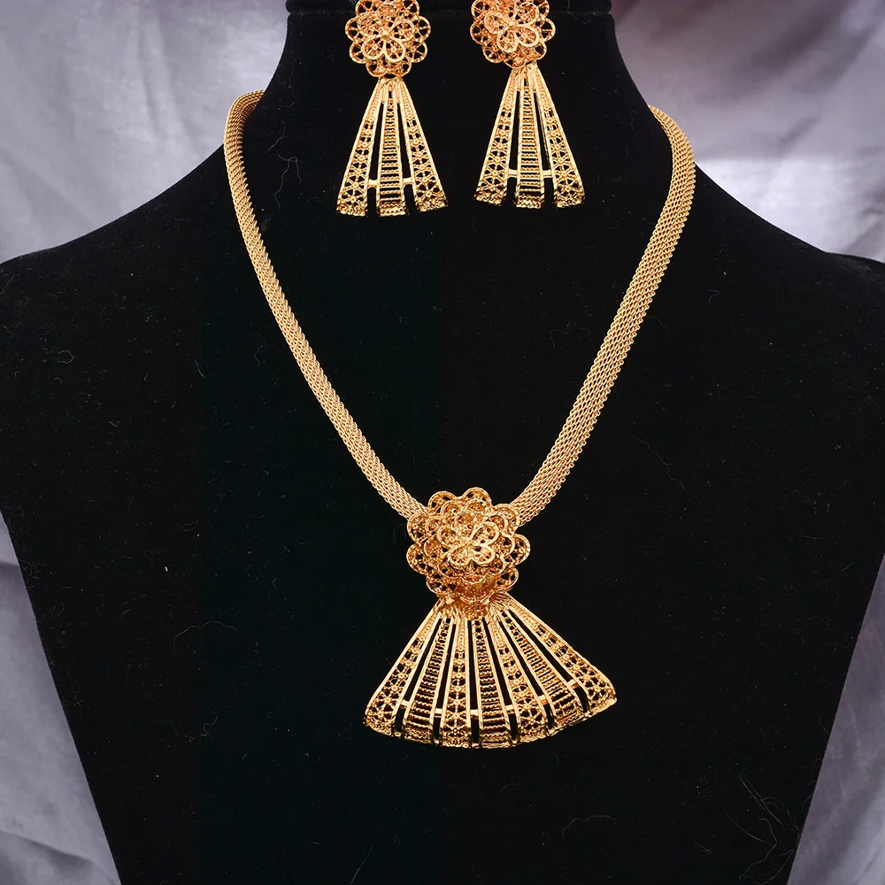 Dubai Gold Jewelry Set For Women - African Nigerian Wedding Necklace, Bracelet, Earrings, Ring