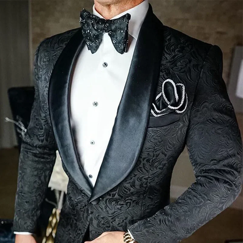 New Customized Black 2 Piece Men Slim Fit Jacquard Suit Skinny High End Groom Wedding Tuxedo Prom Wedding Jacquard Men Suits Set