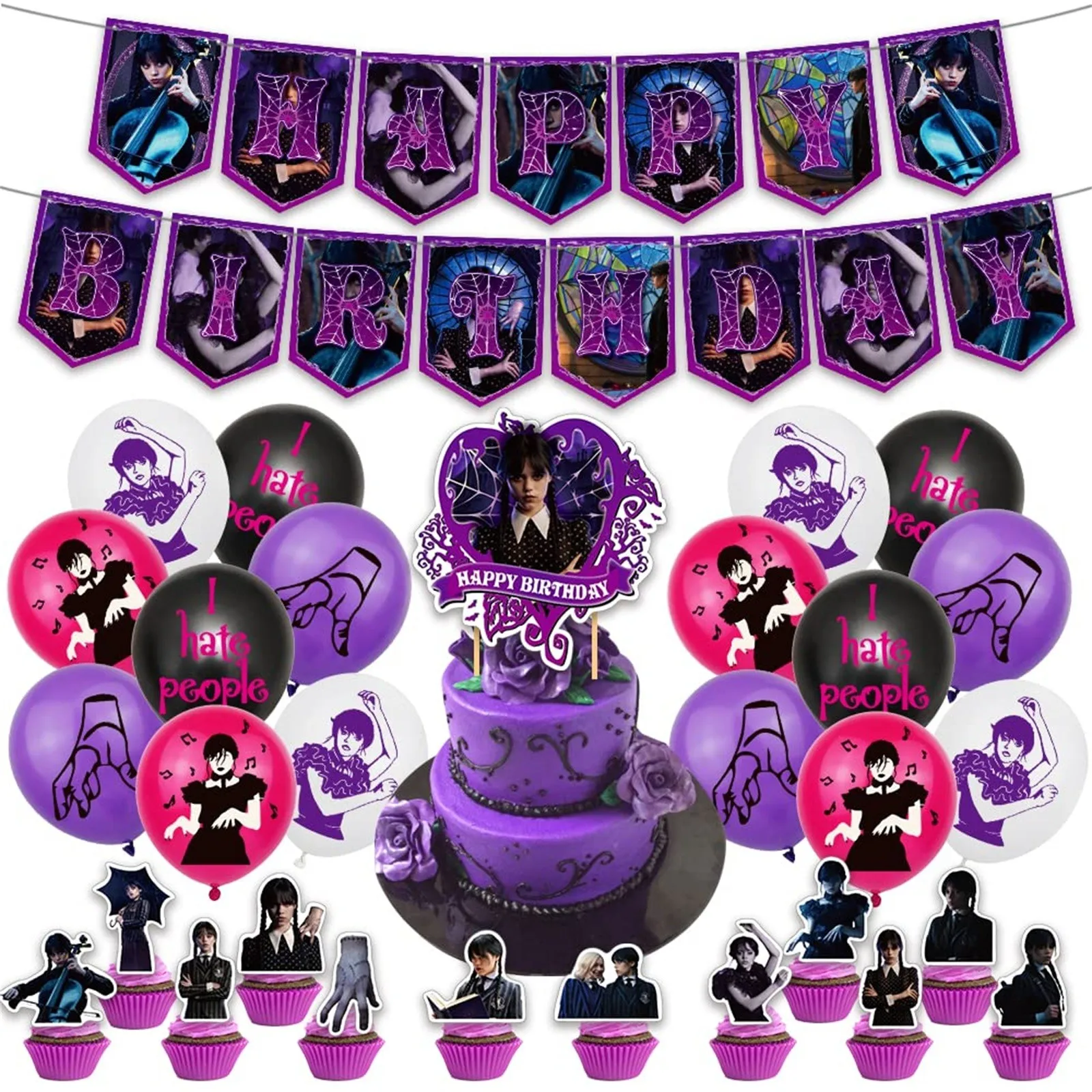 Description Picture 2 of itemWednesday Addams Birthday Decorations Party Supplies Cake Topper Party Decorations Happy Birthday Banner Latex Balloon