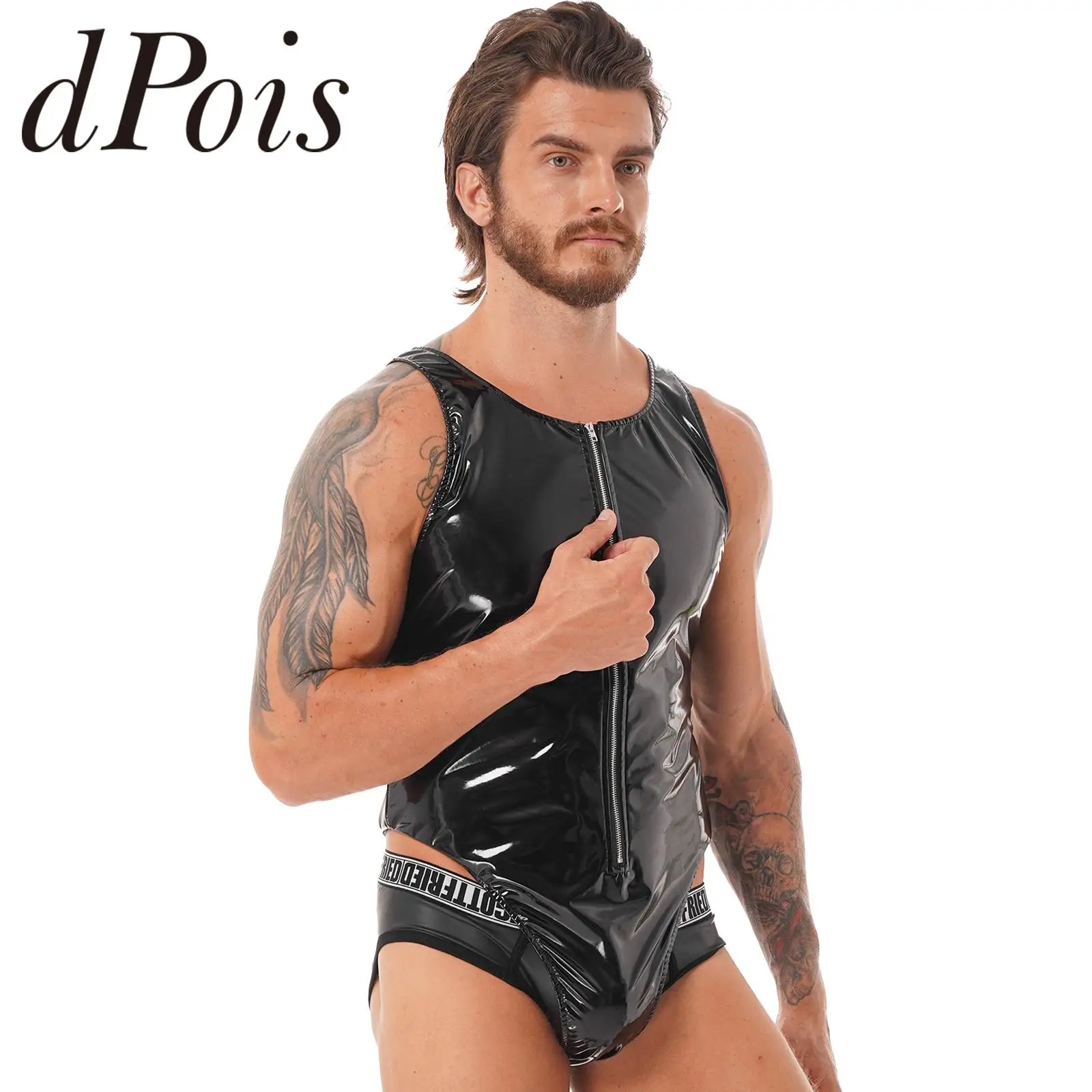 Mens Glossy One-piece Lingerie Zipper Leotard Bodysuit Wet Look