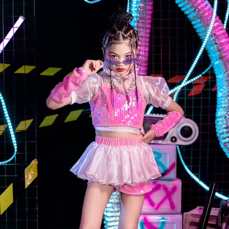 

Jazz Dancing Clothes Cheerleading Uniform Festival Clothing Kpop Hip Hop Clothing Children Pink Sequins Stage Costume