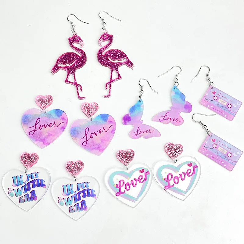 

New Valentine's Day Earrings Love Letter Shiny Pink Butterfly Love Tape Simple Acrylic Earrings Valentine's Day Decorative Gift