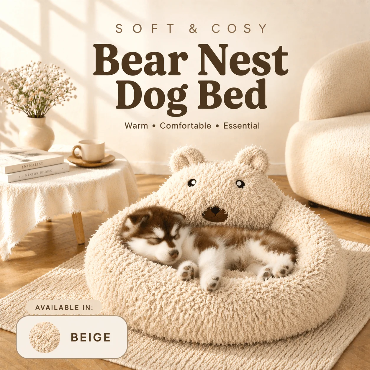 Luxury Bear Nest Pet Bed for Dogs & Cats, Super Soft Plush Calming Bed, Thick Cushion, Removable Washable Cover, Waterproof Inner Lining, Anti-Slip Bottom, Warm Cozy Sleep Bed for Small Medium Pets
