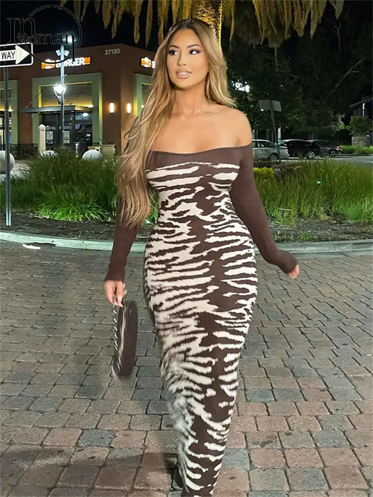 

Inwoman Brown Sexy Print Off Shoulder Long Dress Party Club Outfits For Women 2023 Fall Strapless Long Sleeve Bodycon Maxi Dress