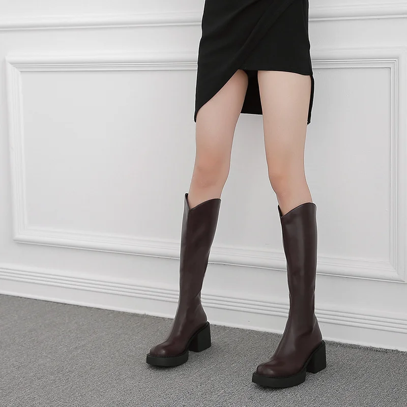 2023 Winter Platform Women Long Boot Fashion Thick Sole Flats Heels Round Toe Knee High Boot Back Zipper Knight Boot