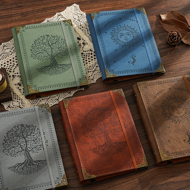 Refillable Leather Journal with Retro Tree & Sun Design - Witchy Notebook