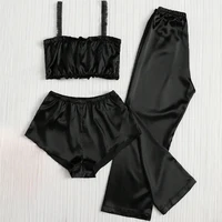Black Color Pleated Satin Pajamas Set Including Camisole Shorts And Long Pants Silk Women Sexy Sleepwear Summer Lingerie Bra