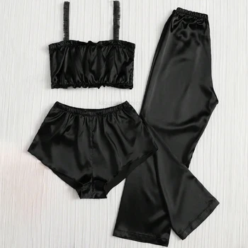Black Color Pleated Satin Pajamas Set Including Camisole Shorts And Long Pants Silk Women Sexy Sleepwear Summer Lingerie Bra