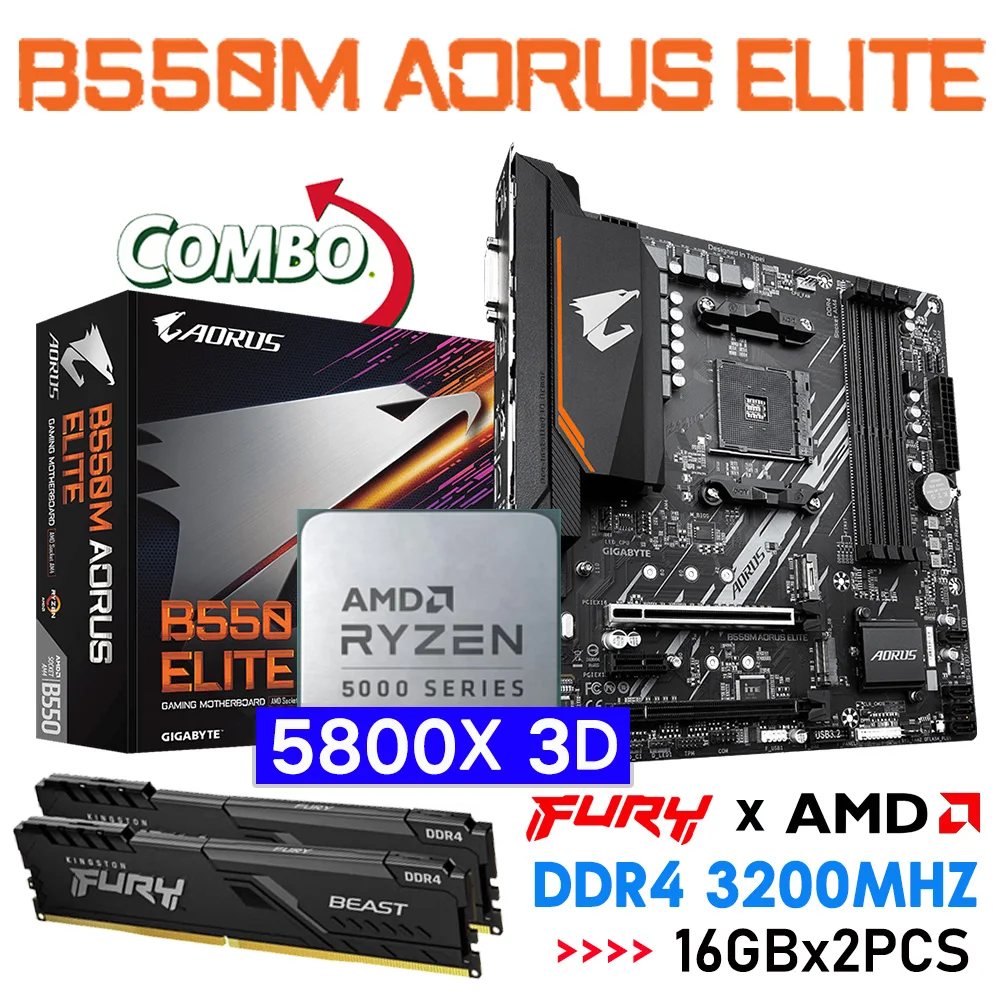 

Ryzen Kit AM4 R7 5800X 3D CPU Combo With Gigabyte AMD B550M AORUS ELITE AM4 Motherboard Suit Kingston DDR4 Memory 32GB RAM New