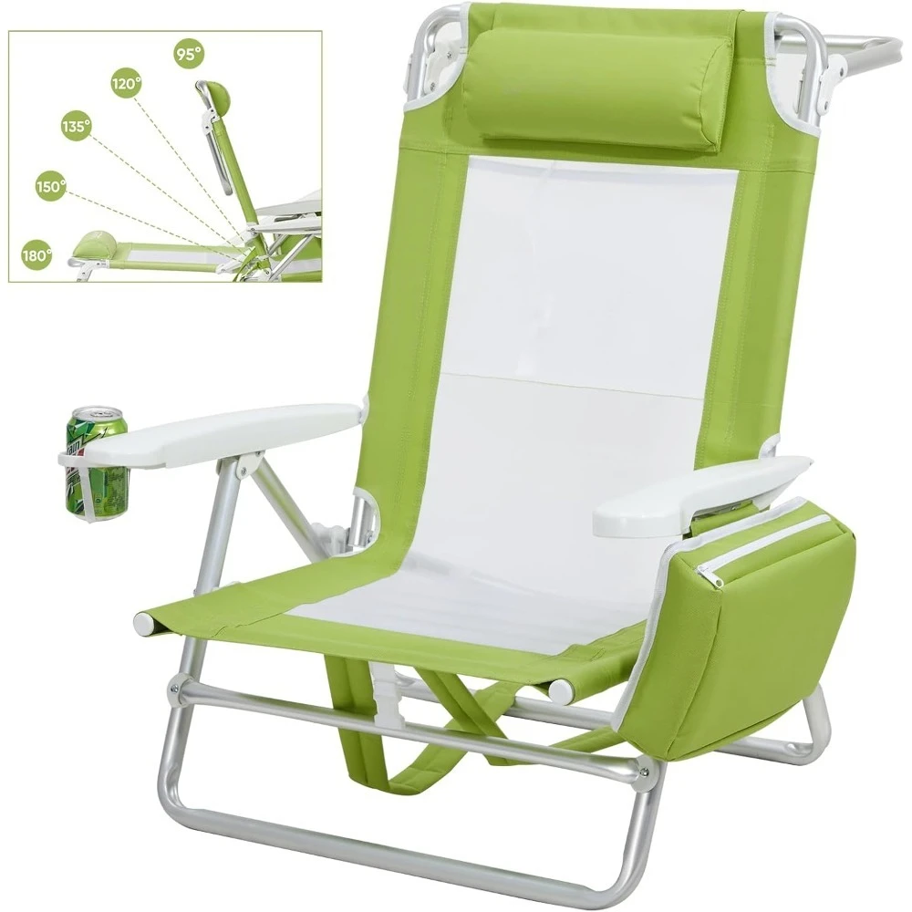 Reclining Beach Chair Backpack 5-Position Lay Flat Lounge Chair for Adults Heavy Duty Portable Folding Lightweight with Cooler 1