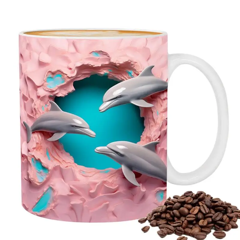 

Кофейная чашка с 3d-дельфином, Симпатичные кружки, керамические кофейные кружки с 3D плоским рисунком, дизайн, новинка, дельфин, Декор 11 унций для кофе, молока, чая