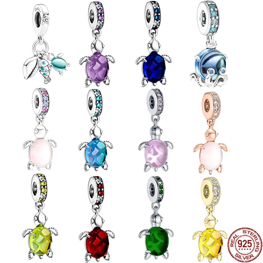 

NEW 925 Sterling Silver Murano Glass Colors Sea Turtle & Octopus Dangle Charm Bead Fit Original Pandora Bracelet Jewelry Gift