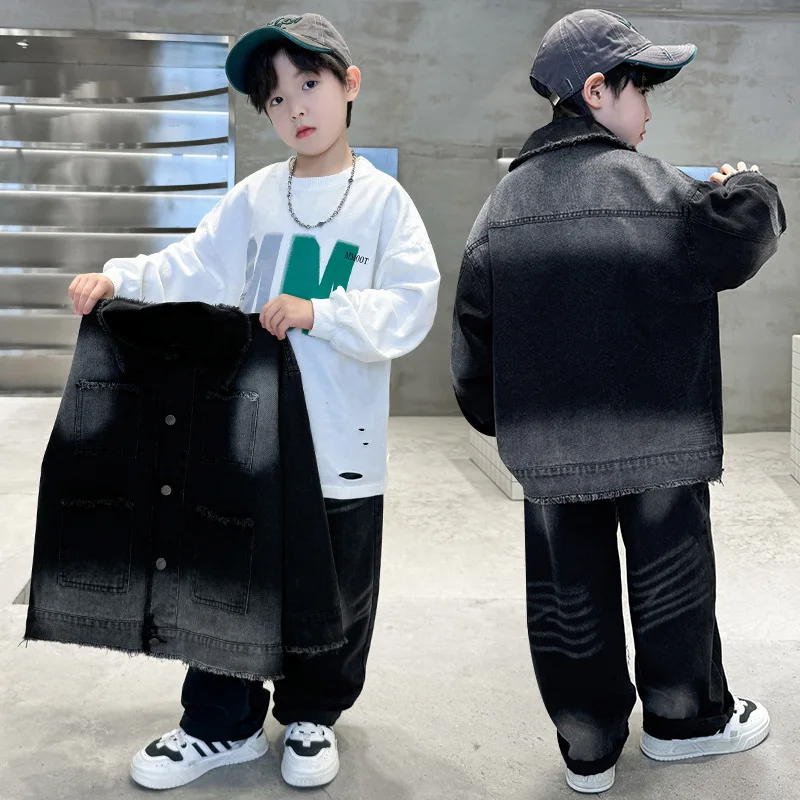 봄 가을 어린이 겉옷 한국식 루즈 스타일 어린이 빈티지 그라데이션 블루 블랙 데님 재킷 십대 소년 멋진 청바지 코트