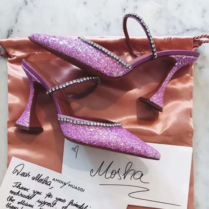 

2024 Summer New Colorful Pink Crystal Sequins Curled High Heels Pointed High Heels Women Slippers