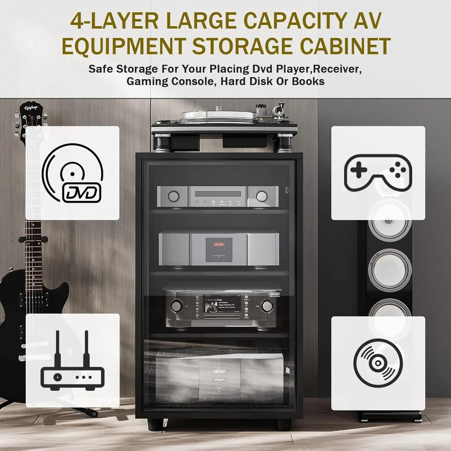 Media Storage Cabinet with Tempered Glass Door, 3 Adjustable Shelves Stereo Cabinet with Cable Management, AV Rack