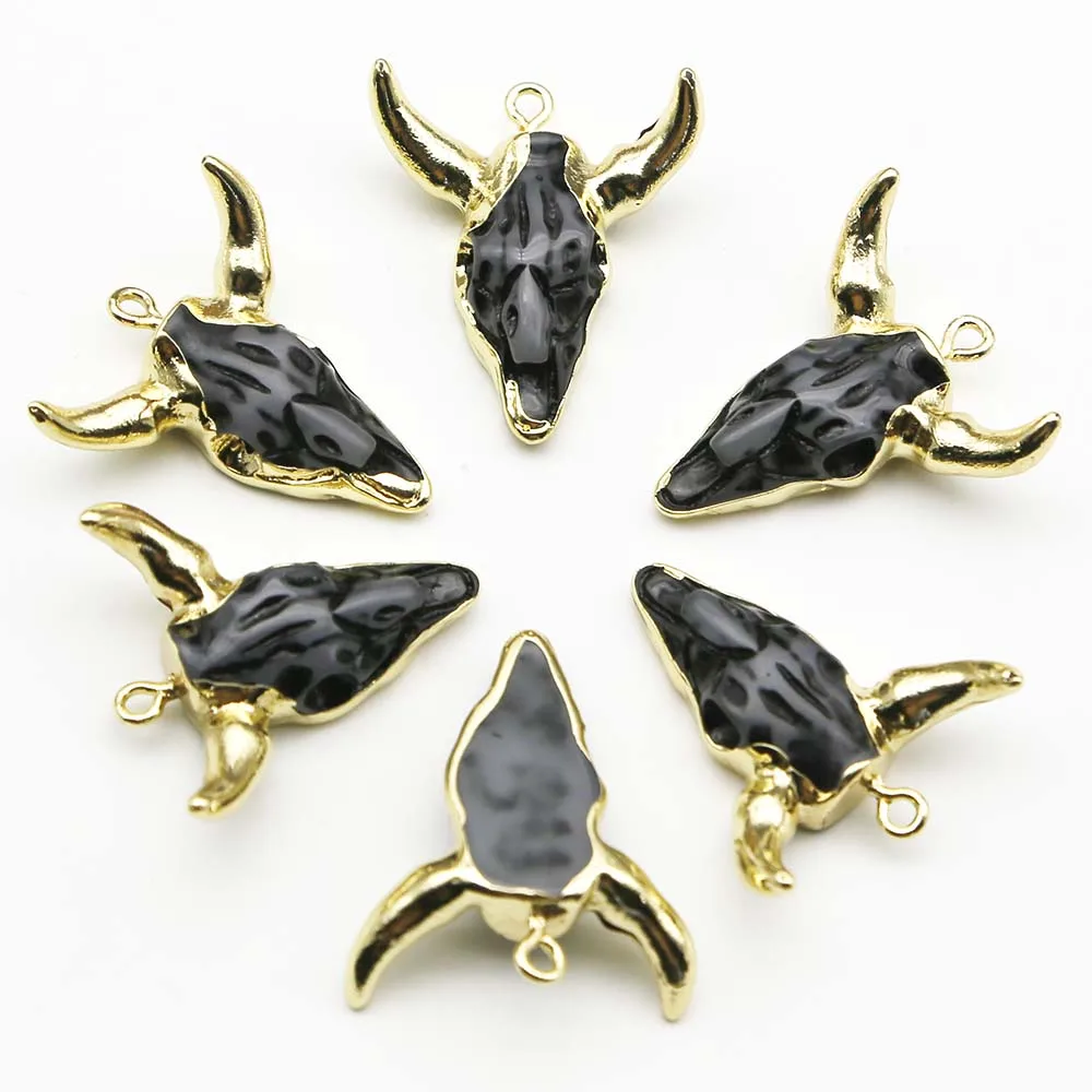 

New Quality Natural Semi Precious Gray Stone Acrylic Resin Bull Head Pendant Necklace Charms Jewelry Gift Custom Wholesale 10Pc