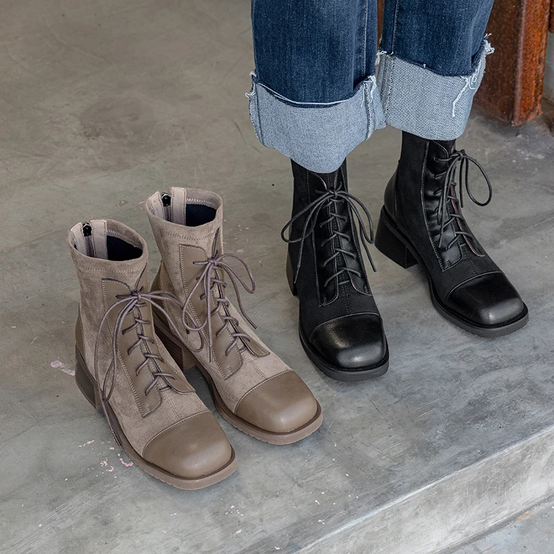 

Cross-tied Autumn Winter Cow Suede Women Ankle Boots Round Toe Chunky Heels Short Boots for Women Warm Female High Heels Shoes