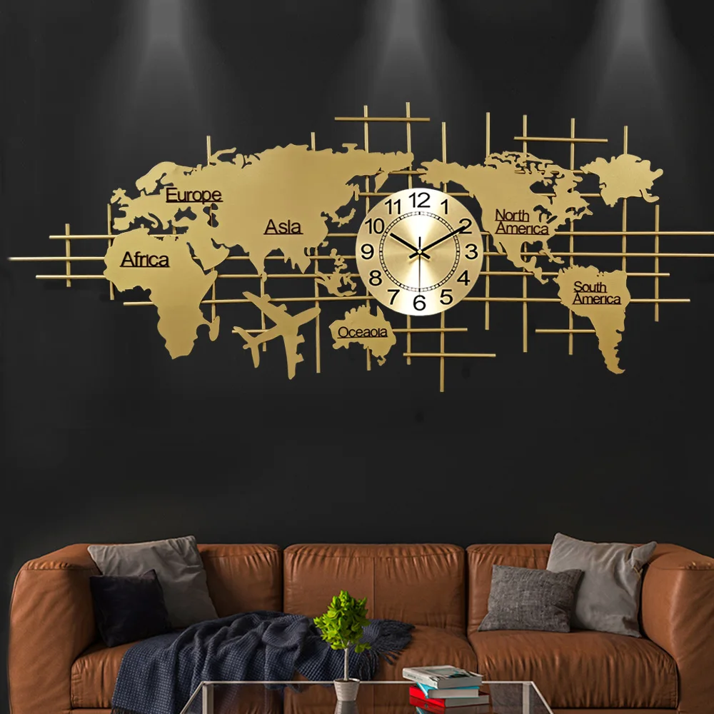 World Map Gold Metal Wall Clock