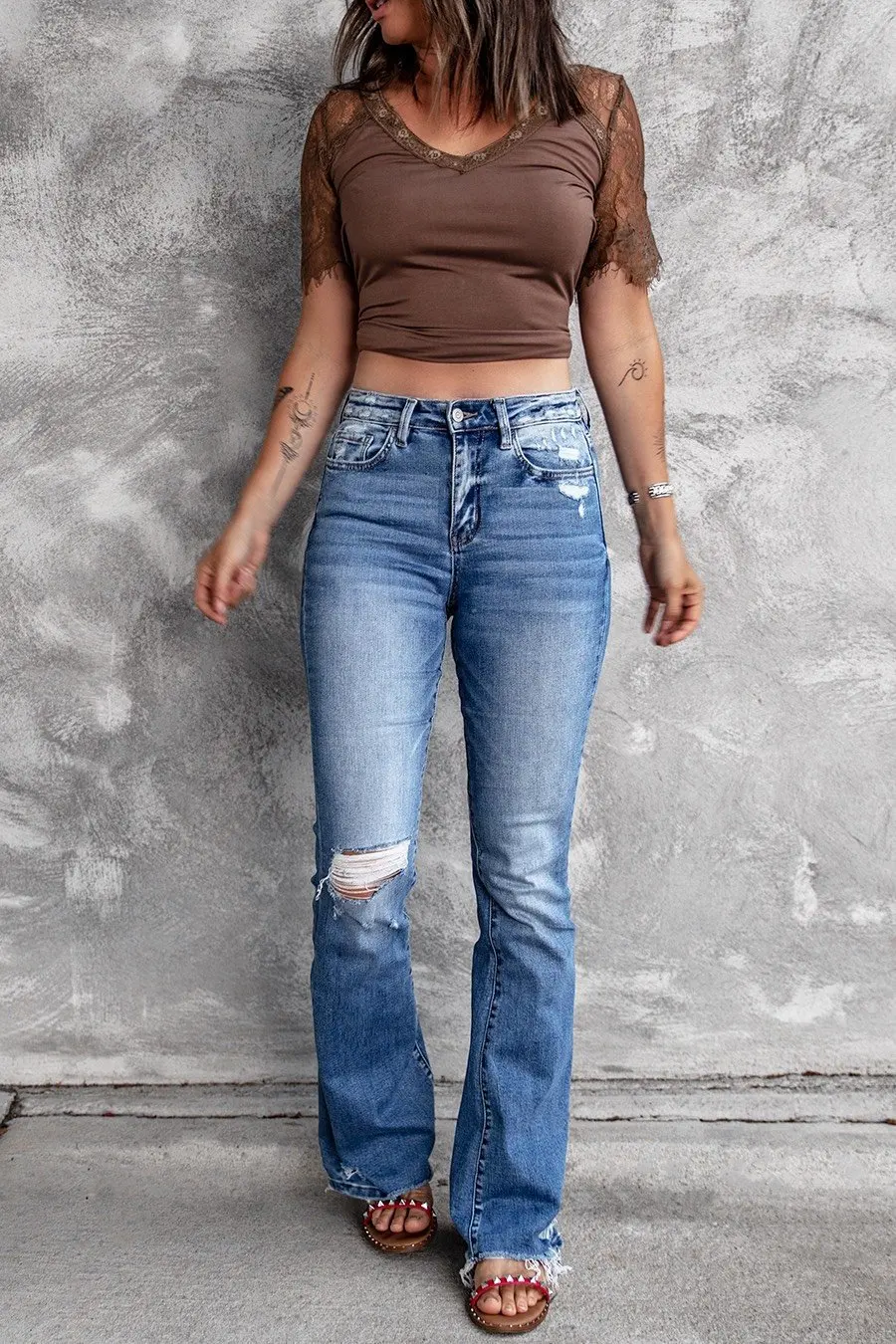 mulheres buracos rasgado borla flare jeans oco para fora sexy calças de cintura alta denim senhoras vintage estiramento magro calças de brim largas perna