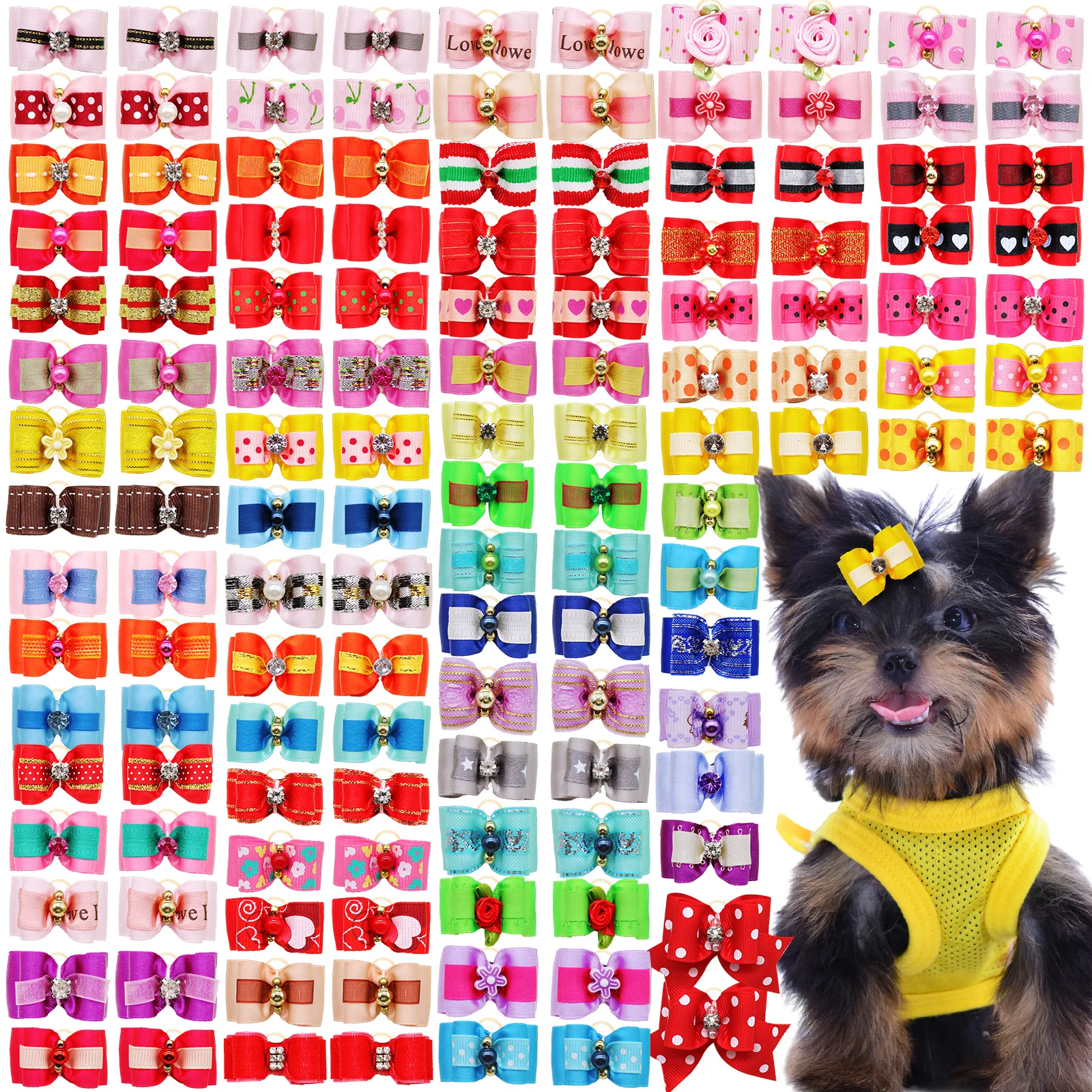 100pcsSmallPetPuppyDogCatHairBowswithRhinestoneMixedPatterns