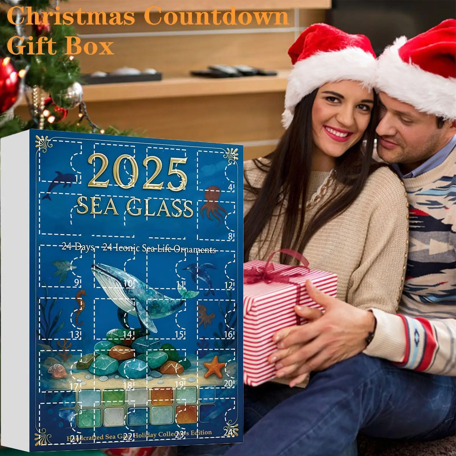 Christmas Advent Calendar 2D Acrylic Marine Life Ornament 24 Days Countdown Calendar Christmas Sea Glass Pendant for Kids Gifts