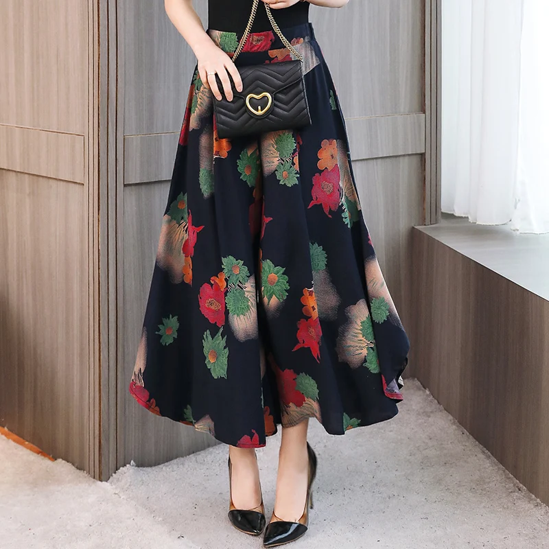 Fanmuer 2023 Summer Pants Women Casual Loose Elastic Waist Vintage Pant Trousers Women Wide Leg Pants Print Calf-length Pants