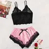 Ensemble pyjama en satin pour femmes, haut en dentelle et short, lingerie sexy, vêtements de nuit 2 pièces, vêtements de nuit respirants d'été, noir et rose