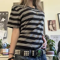 Femmes Y2k Grunge chemises rayé Baggy col rond manches courtes Emo hauts 2000s Harajuku Vintage adolescentes filles Goth vêtements 2