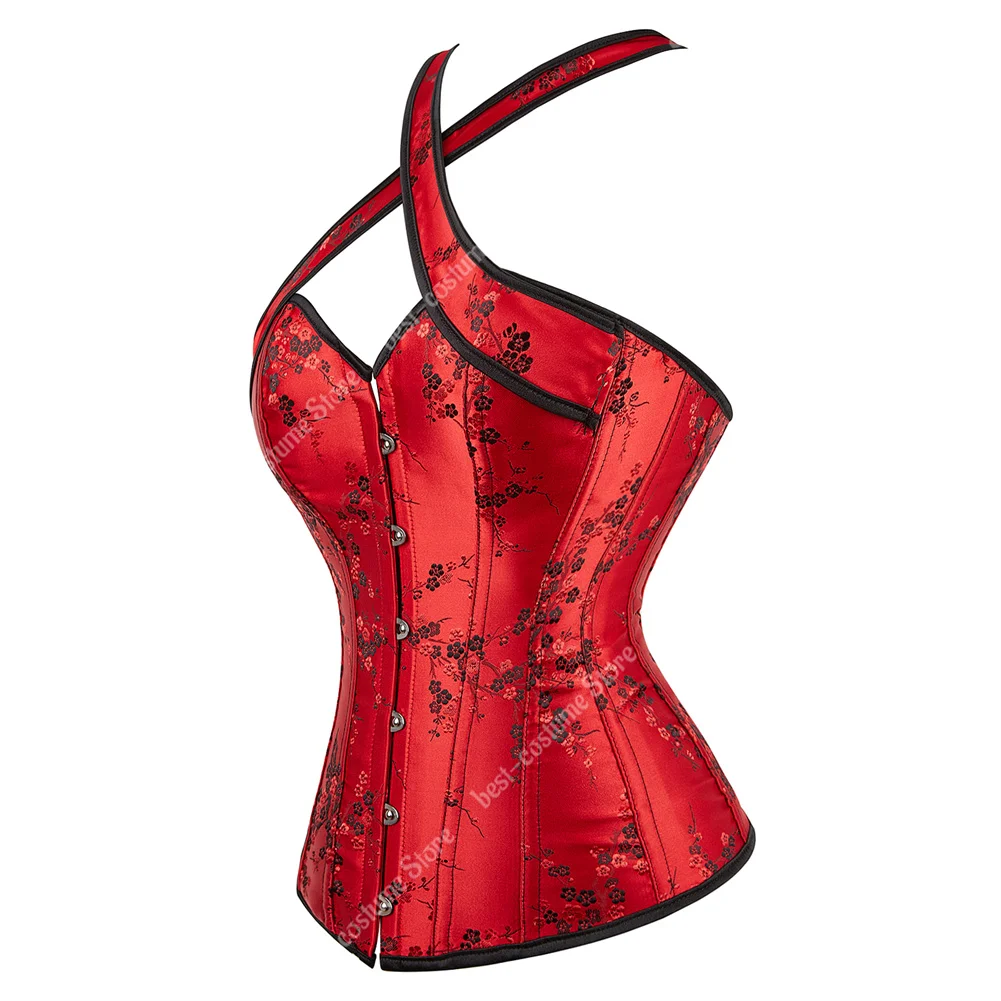 Vintage-Inspired Floral Gothic Corset Top with Halter Straps in Black and Red