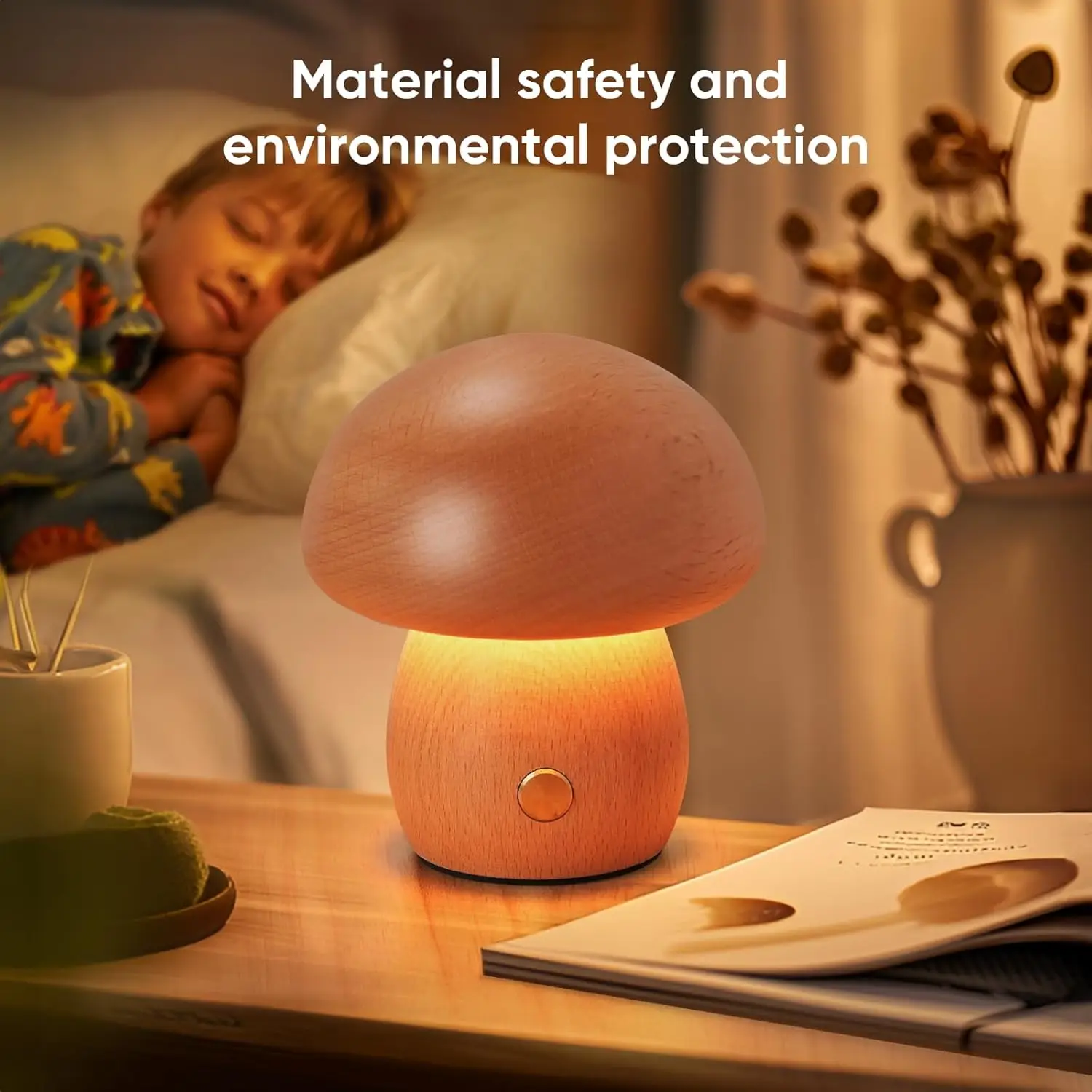 LED Night Lamp INS With Touch Switch Wooden Cute Mushroom Bedside Table for Bedroom Childrens Room