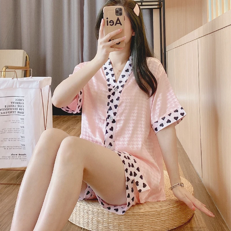 Summer pajamas women's new ice silk short sleeve suit women's V-neck cardigan thin sweet lovely jacquard silk home clothes