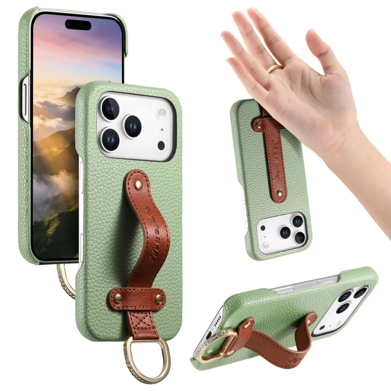 Lychee Pattern Leather Wrist Strap Phone Case with Ring Holder