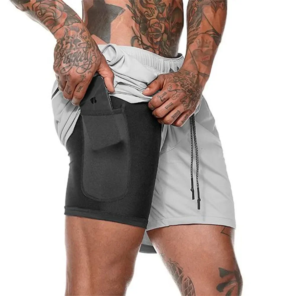Men 2 in 1 Running Shorts Jogging Gym Fitness Training Quick Dry Beach Short Pants Male Summer Sports Workout Bottoms Bermuda new cotton running shorts men print bermuda gym fitness training bodybuilding short pants male jogging workout crossfit bottoms