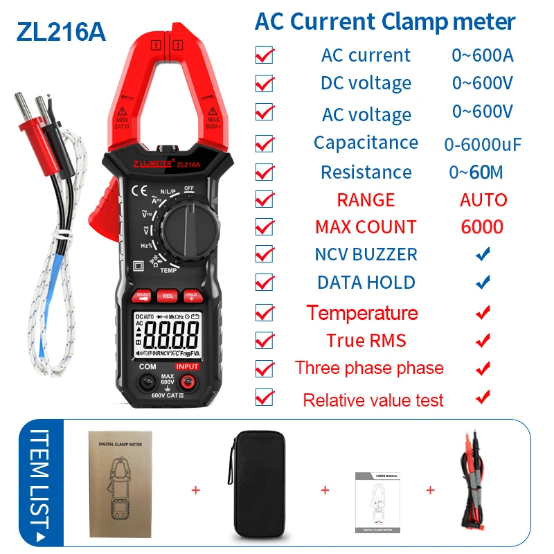 Proster Pince Multimètre Numérique TRMS 6000 points, 800 A CC Courant AC  Tension AC/DC NCV Continuité Capacitance Résistance Fréquence Diode Hz Test  avec 1 Paire Câbles de Test Pinces Crocodiles : : Bricolage