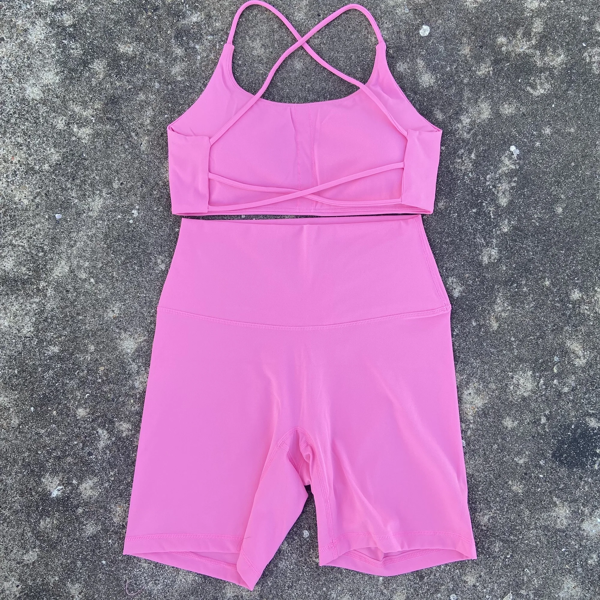 Sports Set Solid Color gym yoga short legging set soft tight women high strength cross Fitness Bra with sports cycling short 2pc sportswear
