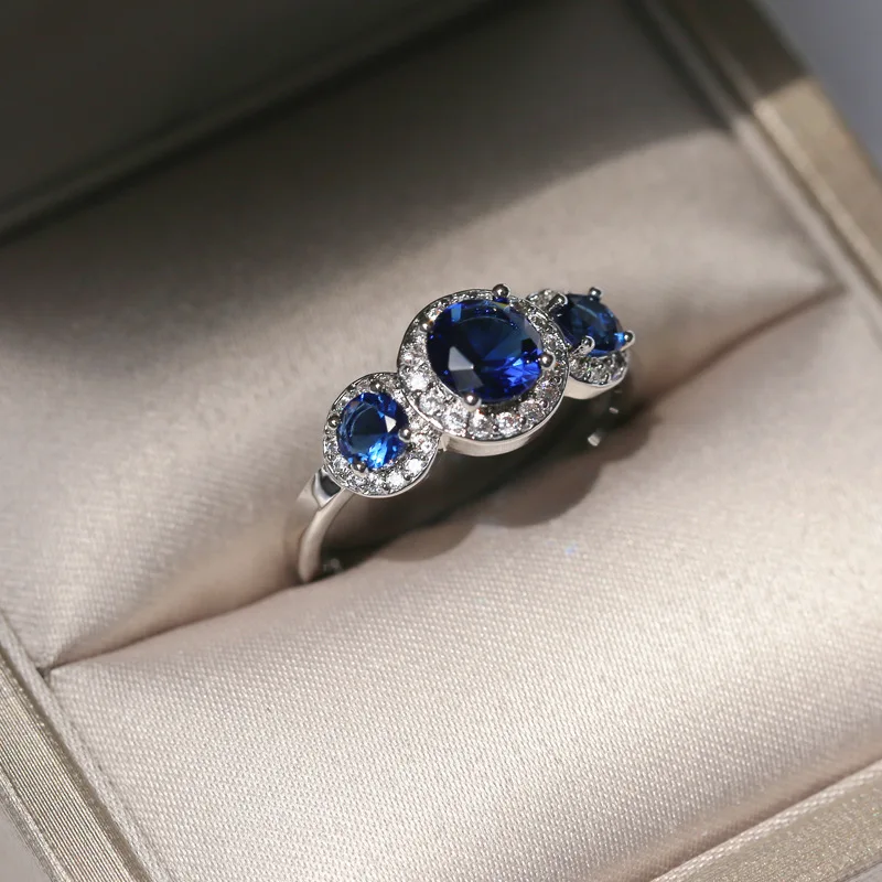 Wedding Rings Women 925 Sterling Silver Luxury Big Round Blue CZ Fine Jewelry Gift