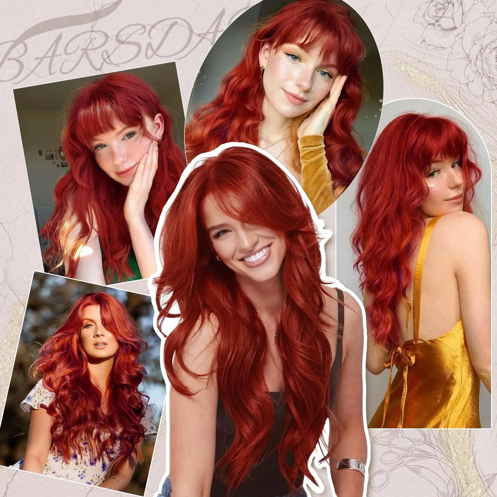 Synthetic Long Wavy Red Ombre Wig with Bangs - 26 Inch curly Wig for Women Natural Looking Soft Halloween Cosplay Constume Wigs