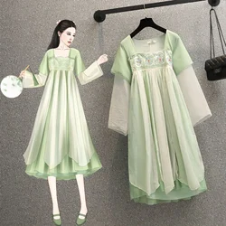 2023 Spring New Fashion Chinese Style Traditional Embroidery Long Sleeve Dresses Green Modern Hanfu Chiffon Dress M-4XL