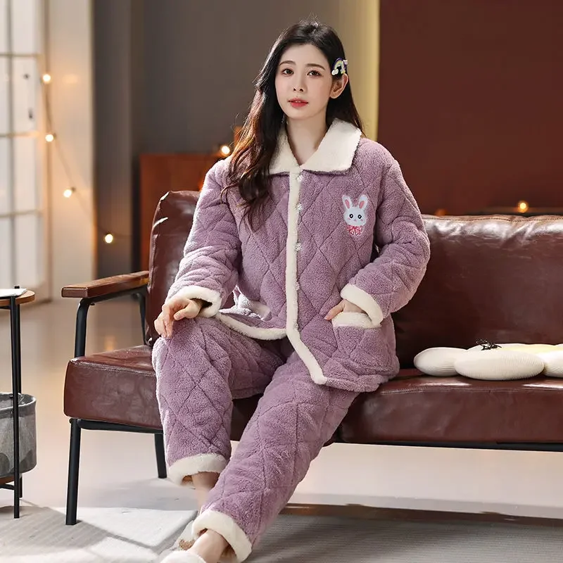 2024 New Pajama Women Winter Three-layer Thick Flannel Loungewear Cute Large Size Warm Middle-aged Cotton Warm Household Clothes